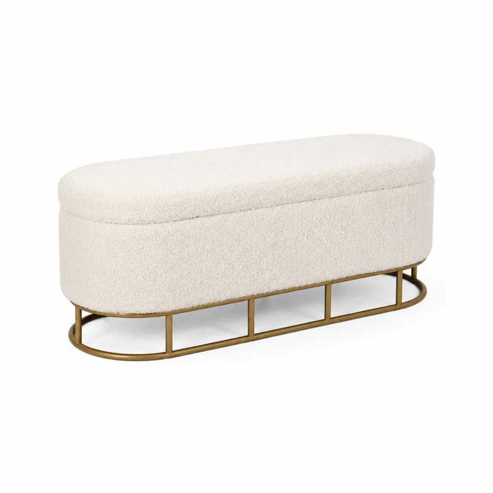 Sitzbank aus Bouclé-Stoff mit Stahlrahmen in Creme 130x45x50 cm