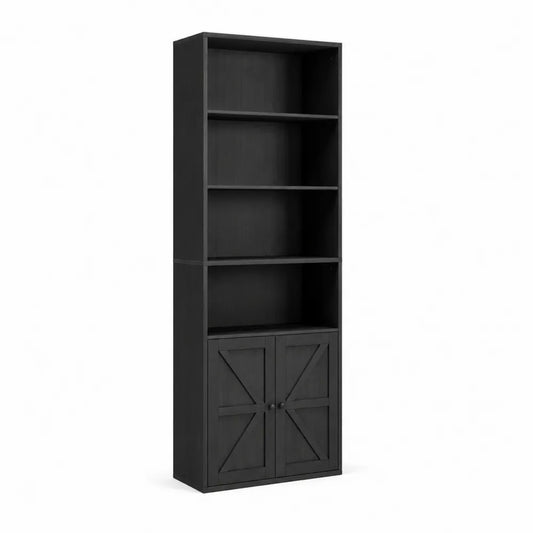 Schwarzes MDF-Bücherregal mit Türen 180cm
